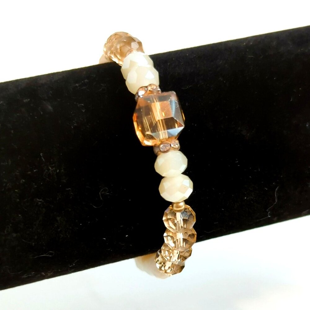Beige & Champagne Gold Crystal Faceted Bead Stretch Bracelet
